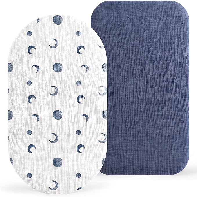 Bearmoss Bassinet Sheets - 2 Pack Muslin Cotton Bassinet Sheets Fits Oval and Rectangle Bassinet Mattress, Breathable and Skin-Friendly for Baby Boy and Girl (Blue Moon&Royal Blue)
