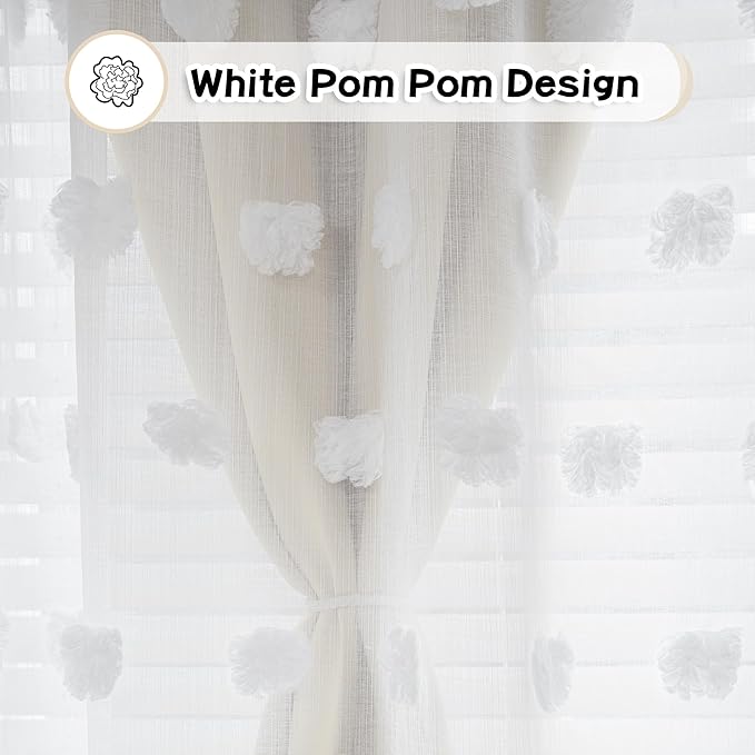 MYSKY HOME Kids Curtains for Girls Bedroom Double Layer Curtain for Daughter Room 72 Inches Long Pom Pom Sheer Drapes Beige Curtains for Living Room Grommet Room Darkening Panels W52 X L72