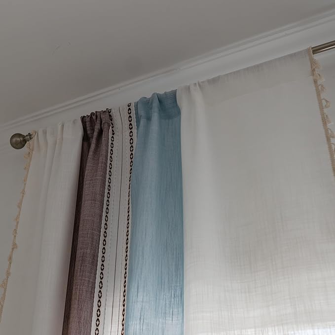 Deeprove Boho Linen Curtains 84 inch for Bedroom Living Room, Semi Blackout Textured Farmhouse Tassels Window Treatment Bohemian Embroidery Drape Rod Pocket 1 Panel 52" W x 84" L, Blue and Brown