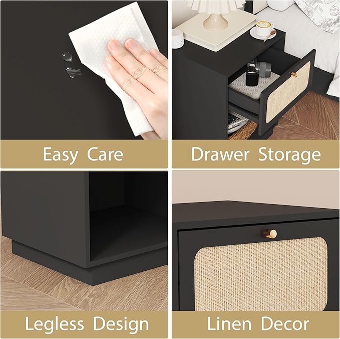 16" Nightstands Set of 2, Modern Retro Wooden Night Stands, Bed Side Table with Drawer and Open Shelf, End Table for Small Space, Linen Decor Boho Side Table for Bedroom,Dorm, Living Room (Black)