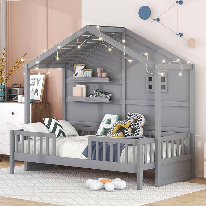 Merax Twin Size House Bed with Shelves, House Bed with Window and Sparkling Light Strip on The Roof, Grey