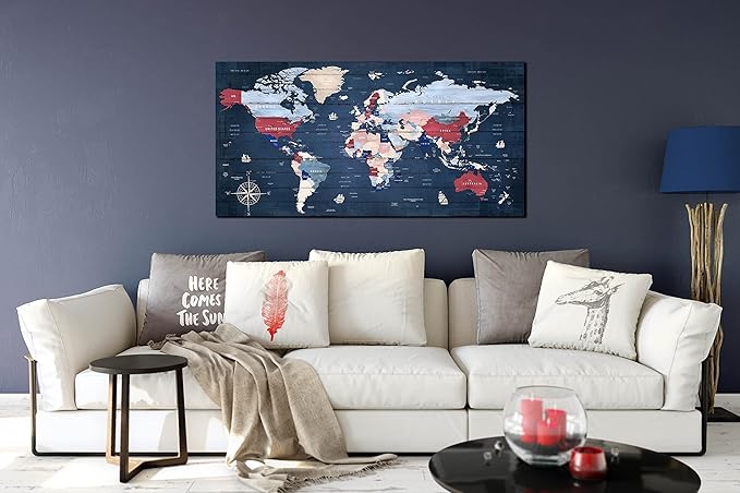 ZHAOSHOP Blue World Map Wall-Art For Office - Large World Maps For Wall - Canvas Wall Art Stretched and Framed Ready to Hang Size 40" x 20"