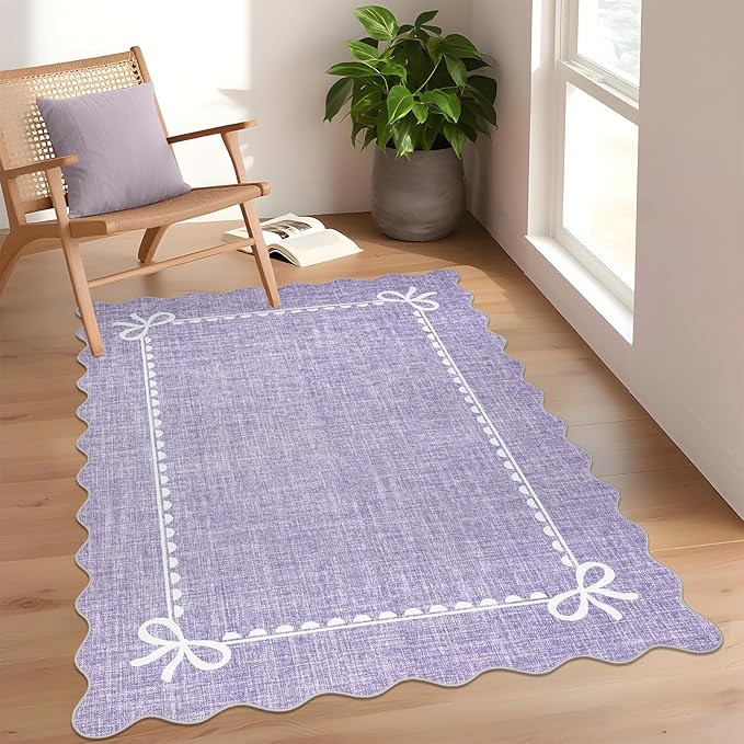 GarveeHome Scalloped Bow Rug for Living Room, Solid Purple Rug for Dorm, Washable Rugs 4x6 Soft Low Pile Non Slip Scalloped Rugs for Nursery College Bedroom Decor Kids Room Playroom