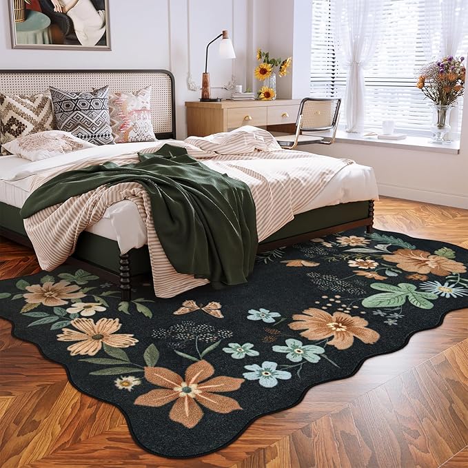 Lahome Floral Rugs for Living Room, 5x7 Area Rugs Ultra-Thin Soft Washable Rug, Non-Slip Bedroom Rug Stain Resistant Lightweight Boho Low-Pile Throw Carpet for ‎Dining Room Office (5x7ft,Black/Grey)