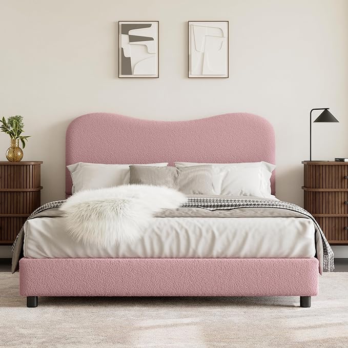 Senfot Pink Boucle Bed Frame with Upholstered Headboard, Soft Low Profile Sturdy Platform Bed with Rounded Corners Design, Heavy Duty, Wooden Slats, Noise Free, No Box Spring Needed, Full Size