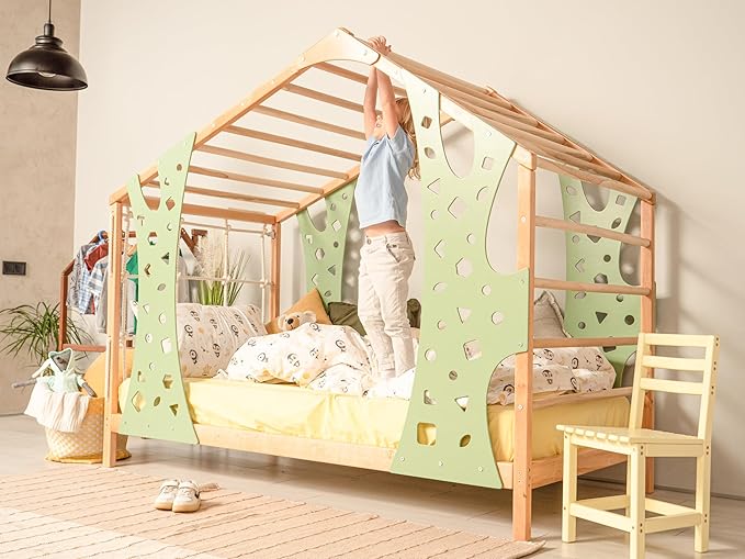 BUSYWOOD Montessori Bed for Toddlers - Kids Twin Bed - Wood Bed Frame - Kids Climbing Gym - Twin Bed Frames for Kids - Monkey Bed with Legs and Slats
