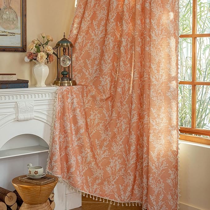 OYX Orange Boho Curtains 63 in Long with Tassel for Living Room,Semi Sheer Printed Floral Curtains, Rod Pocket Farmhouse Vintage Rustic Drapes for Bedroom, Home Decor 2 Panel Sets,Burnt Rustic Drapes