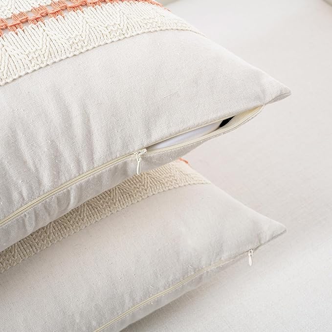 Fancy Homi Set of 2 Boho Coral Decorative Throw Pillow Cover 22x22 Inch for Couch Bed Sofa, Aesthetic Modern Organic Farmhouse Home Decor, Soft Cotton Cute Accent Macrame Woven Cushion Case