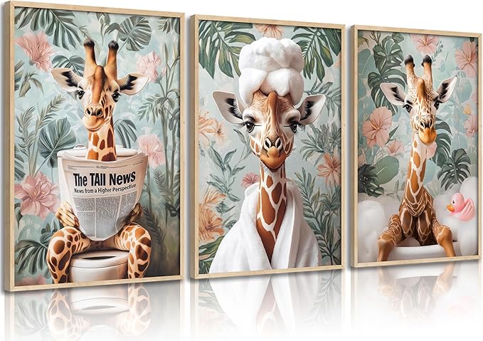 3Pcs Funny Animal Bathroom Canvas Wall Art Giraffe Reading Newspaper on Toilet Painting Picture Wall Decor Eclectic Jungle Giraffe Bathrobe Bathtub Poster Print for Toilet Bathroom Home Decoration