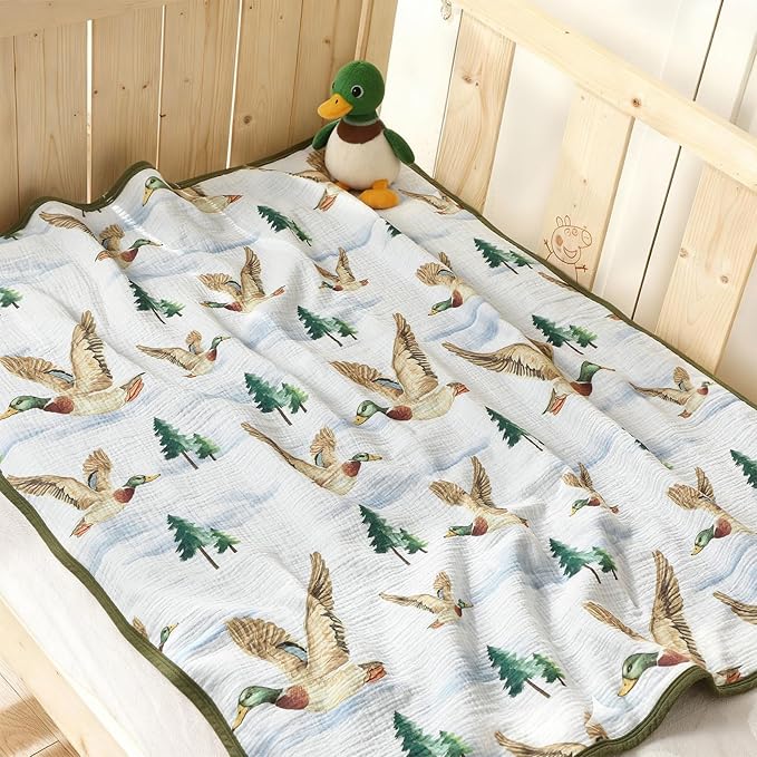 Breling Mallard Muslin Baby Blankets for Girls Boys, 100% Cotton Crib Blanket for Infant Toddler, 40 x 36 Inch Soft and Lightweight Nursery Swaddling Wrap