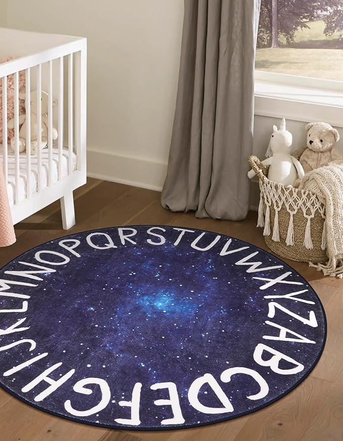 LIVEBOX Kids Rug, Round Alphabet Washable Rug for Kids Room, Star Blue, 40"