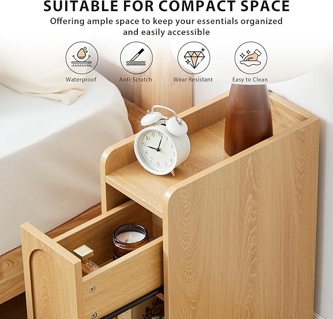 Narrow Nightstand, Slim Bedside Table with Raised Edge Top, Arched Drawer & Open Shelf, Modern Wooden Small Side End Table for Bedroom or Living Room (1, Natural)
