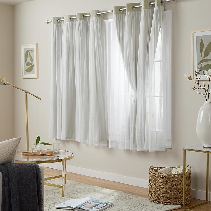 TOWN & COUNTRY LUXE Talia Double Layer Indoor Curtains, Sheer and Room Darkening Blackout, Grommet Top, Energy Efficient, 2-Pack Set, 52"x63", Sand