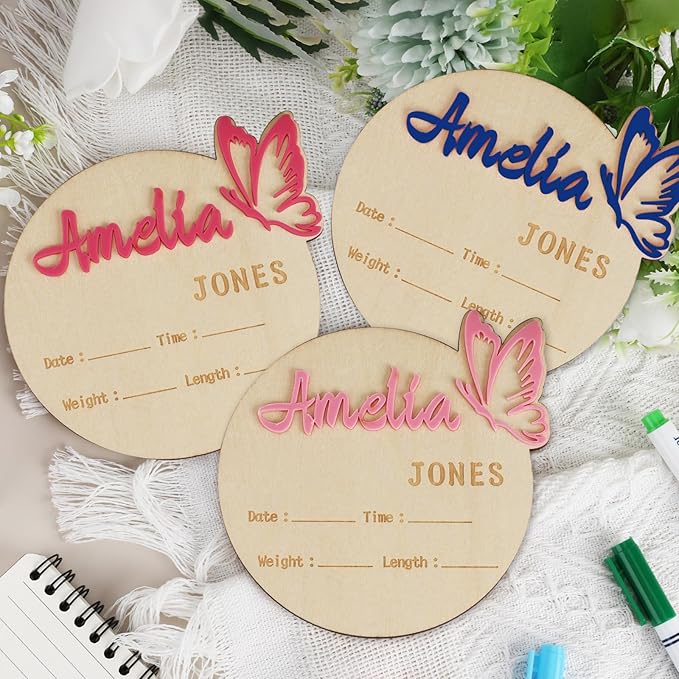Personalized Baby Announcement Sign Custom Birth Newborn Announcement Sign for Hospital Wooden Baby Name & Footprint Sign Photo Prop Shower Gift (Butterfly)
