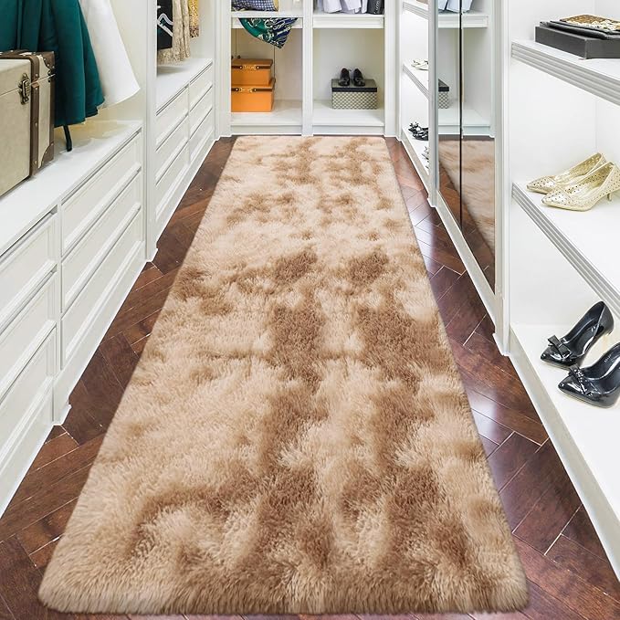 3x10 ft Plush Tie Dyed Light Brown Rug Soft Bedroom Runner Fluffy Cream and Brown Rug for Bedroom Bedside Living Room Hallway Nursery Kids Home Decor Shag Carpet