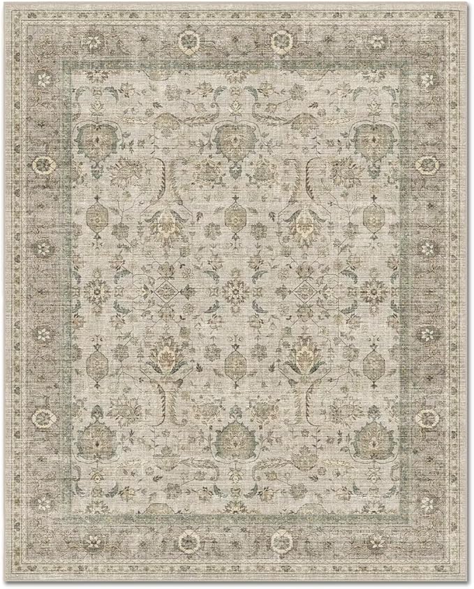 Washable 10x14 Area Rugs for Living Room, Boho Non-Slip Vintage Distress Large Rugs for Bedroom Dining Room Office, 0.3" Neutral Oriental Throw Thin Carpet, Flaxen/Brown/Multi