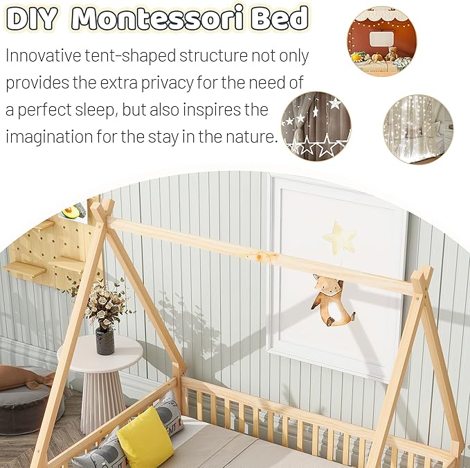 Full House Bed Frame with Fence Rails and Door,Wood Montessori Floor Bed with Slats Support,Teepee Tent Beds Kids Bed Frames for Girls Boys, Natural