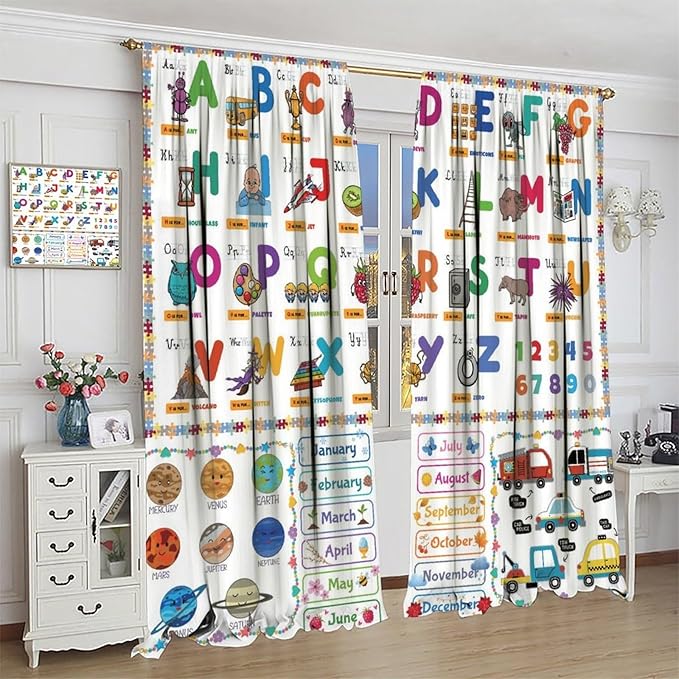 Alphabet Curtain for Kids Room ABC Letter Educational Learning Animal Number Printed Rod Pocket Window Drapes for Bedroom Playroom Classroom Decor 42" W X 45" L