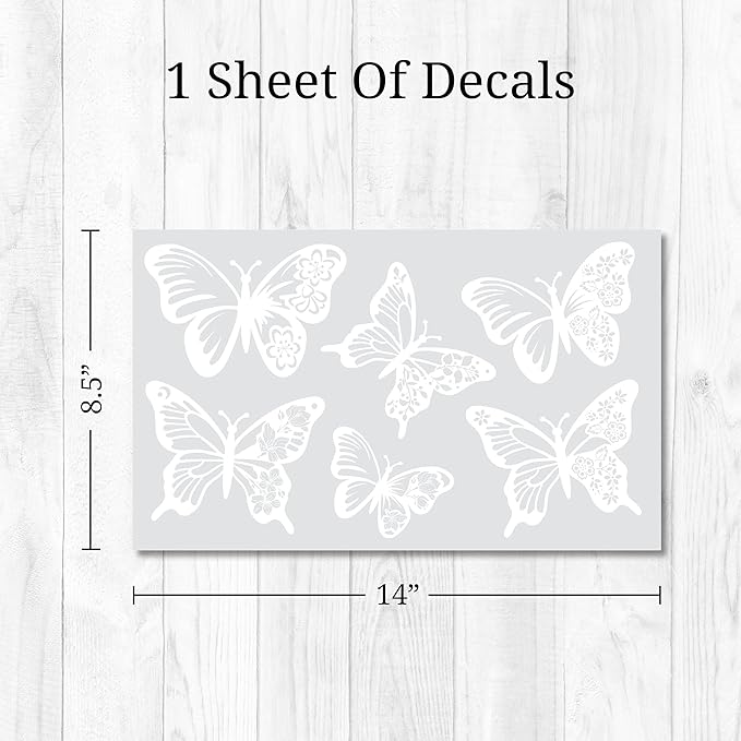 White Floral Butterfly Mirror Decals - Vinyl Stickers for Mirrors, Walls, Doors, Windows - Easy to Apply and Remove - Nursery Living Room Nursery Laundry Kitchen
