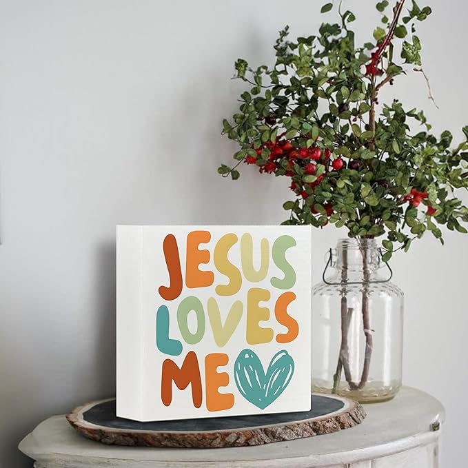 Baby Girl Nursery Christian Wood Box Sign, Christian Toddler Room Decor, Kids Bible Verse Decor, Jesus Loves Me Wooden Box Sign for Tabletop Shelf Home Desk 5x5 Inch