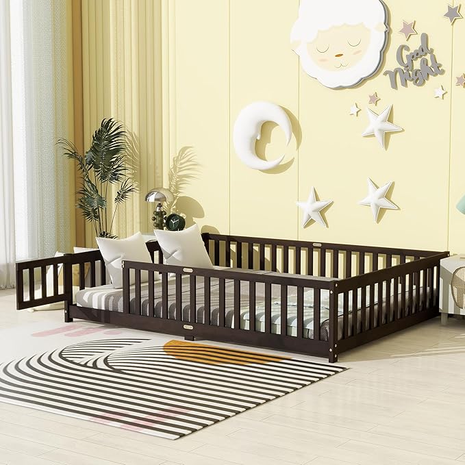 Bellemave Queen Size Floor Bed for Kids, Girls, Boys, Wood Floor Bed with slats and Door, Espresso