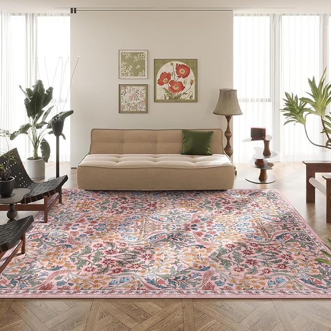 8x10 Washable Area Rug for Living Room, Floral Non-Slip Non-Shedding & Easy Care, Large Soft Low Pile Botanical Indoor Floor Carpet for Living Room, Bedroom, Dining Room, Kids Playroom, Nursery, Pink