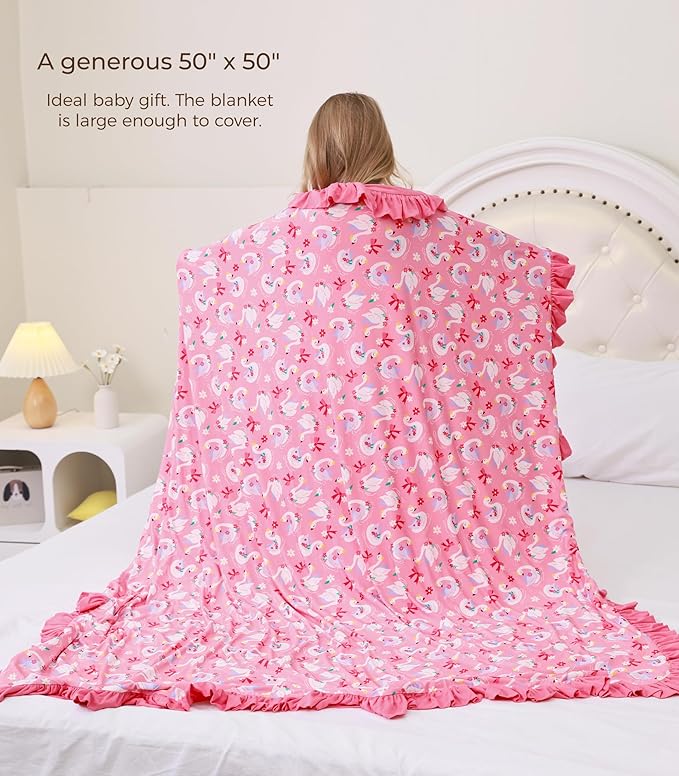 Premium Baby Blankets, Soft Viscose from Bamboo Blanket for Girls, Nursery Crib Bedding Quilt for Newborn and Toddler, Ruffle Blanket Cooling for Hot Sleepers, 50''x50'' Beautiful Swan