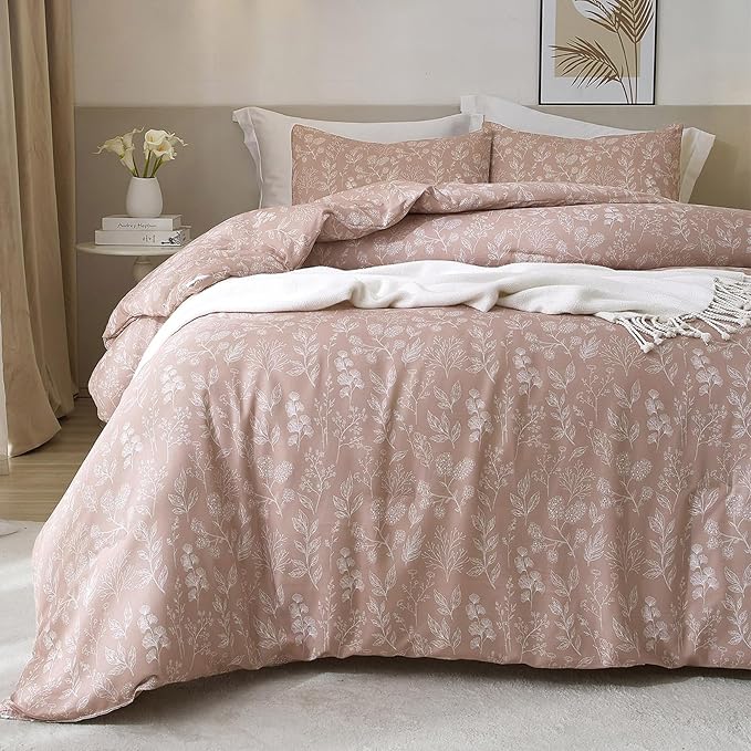 Twin Duvet Cover Floral 100% Cotton Girls Aesthetic Bedding Set Botanical Flowers Comforter Cover Twin with 2 Pillowcases Garden Style Chic Floral Bedding Duvet Cover Set Cottagecore,Mauve Brown