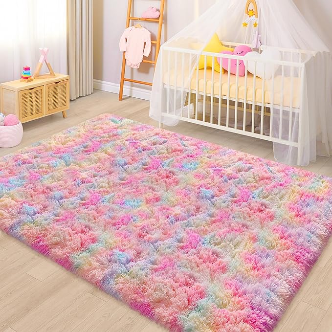 Rainbow Rugs 5x8 Ft Fluffy Plush Area Rugs for Girls Bedroom, Shaggy Rug for Kids Playroom, Kawaii Princess Fuzzy Rugs for Nursery Baby Toddler, Cute Colorful Room Decor for Girls Room
