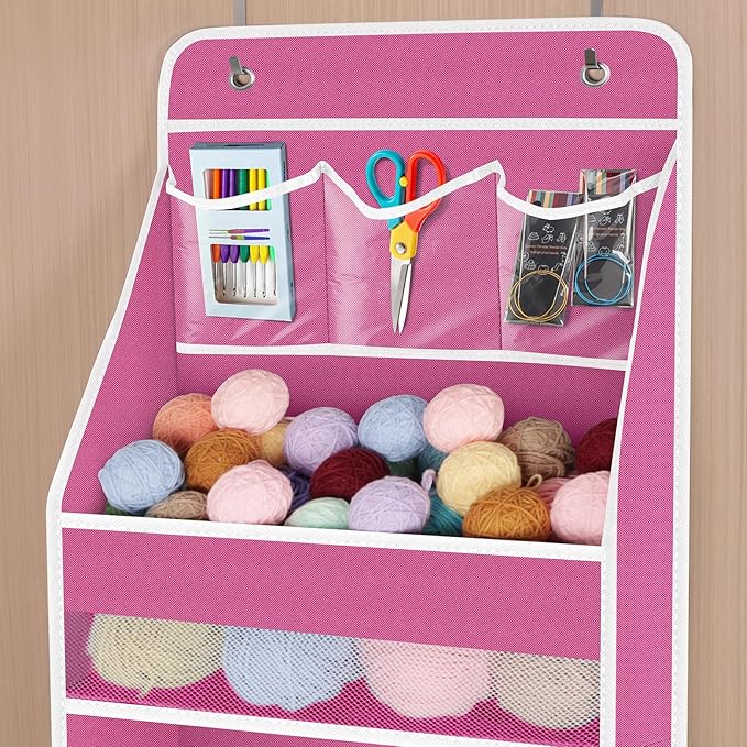 Univivi 5-Shelf Fabric Door Storage Over Door Hanging Organizer with 4 Large Pockets and 3 Small PVC Pockets Nursery Closet Cabinet Wall Mount Hanging Storage Organizers for Baby Nursery (Pink)