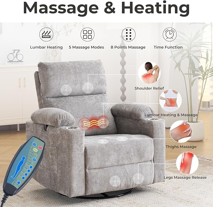 Oversized Power Recliner Chair Swivel Glider with Massage and Heat, Swivel Rocker Recliner with Adjustable Armrests, 26" Wide Nursery Chair with Storage Ottoman, Rocker Nursery Recliner, Light Grey