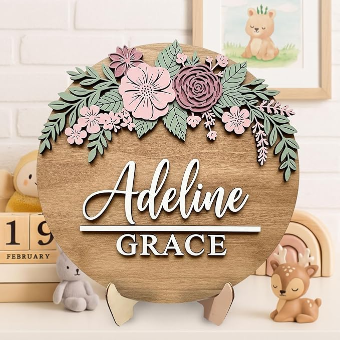 Personalized Wooden Nursery Sign with Engraved Name and Pink Flowers – Custom Baby Room Wall Decor and Keepsake Gift for Girls Baby Nursery Decor