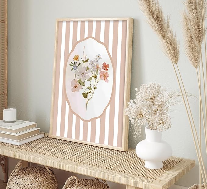 3Pcs Pink Flower Wall Art Light Pink Striped Plant Painting Picture Wall Decor Elegant wildflowers Poster Print Artwork for Bedroom Preppy dormitory Living Nursery Room Home Decoration