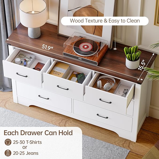Farmhouse 7 Drawer Dresser for Bedroom, 51" Wide Chest of Drawers, Wooden Dresser TV Stand, Storage Dressers Organizer for Bedroom, Living Room, Hallway