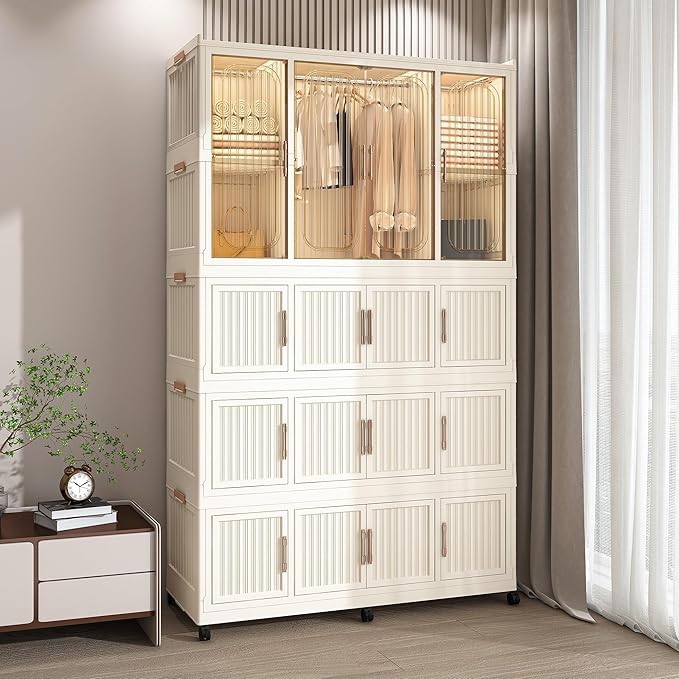 Portable Closet Wardrobe, Foldable Clothes Organizer with 17 Cubes Storage, Hanging Rods, Easy Assemble Clothing Organizer with Magnet Doors, Wardrobe Storage Cabinet for Kids,Baby,Adult