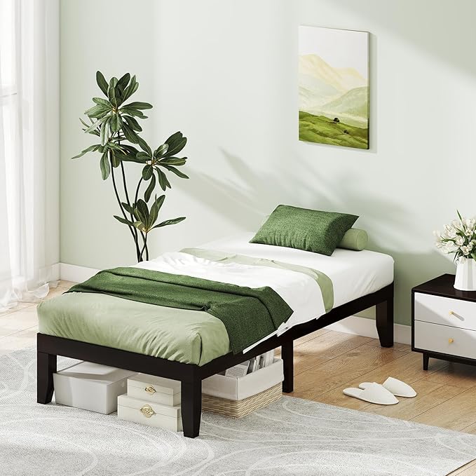 KOMFOTT 14 Inches Wood Platform Bed Frame Twin Size, Wooden Mattress Foundation with Rubber Wood Frame, Strong Wooden Slat Support, No Box Spring Needed, Bed Frame (Dark Brown)