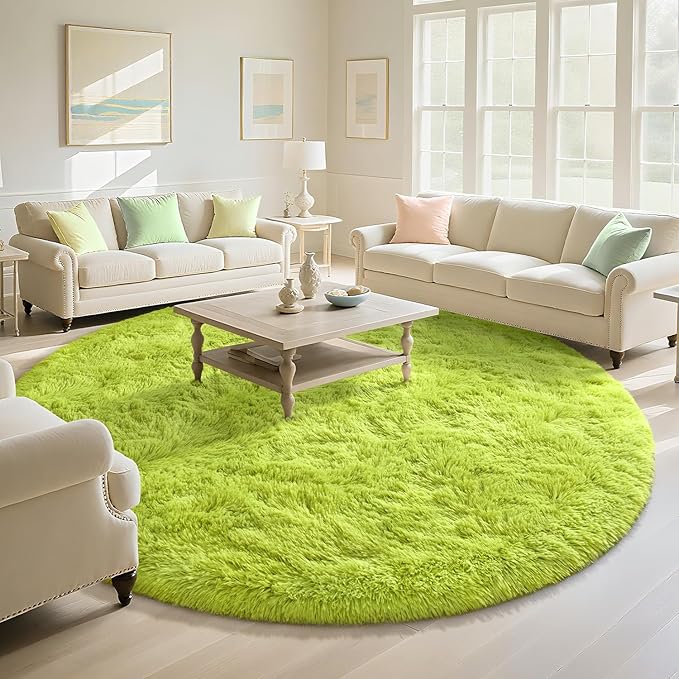 EVOIONOS Green Grass Round Rug for Bedroom, 5x5 Ft Fluffy Soft Circle Area Rugs for Living Room, Plush Shaggy Circular Carpet for Indoor Floor Bedside Girls, Machine-Washable Home Decor Aesthetic