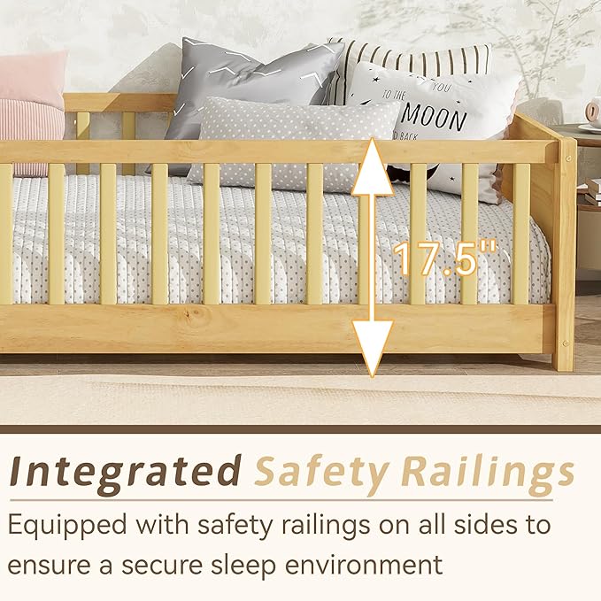 Twin Toddler Floor Bed with High Rails, Wooden Montessori Bed Frame with Built-in Book Rack, Twin Size Bed Frame for Kids, Boys and Girls, Natural