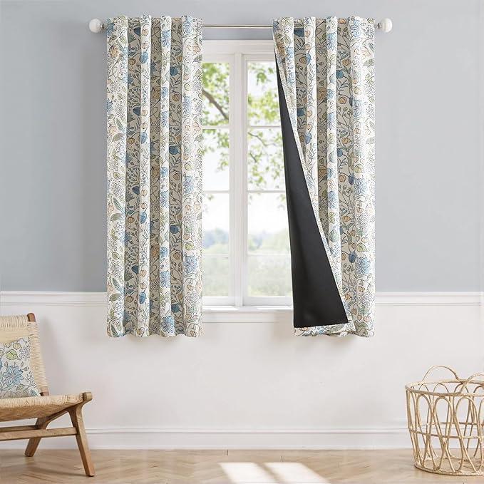 Vangao Blue Nursery Curtains for Girls Room Floral Blackout Dorm Curtains 63 Inch Length Farmhouse Drapes for Bedroom Room Darkening Flower Patterned Window Treatment for Kids Set of 2