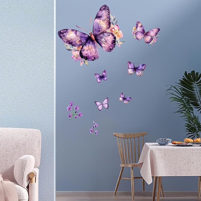 Purple Butterflies Wall Stickers Pink Flower Wall Decals, Removable Peel and Stick Wall Art Murals for Girls & Boys Bedroom,Nursery Bathroom Playroom Living Room