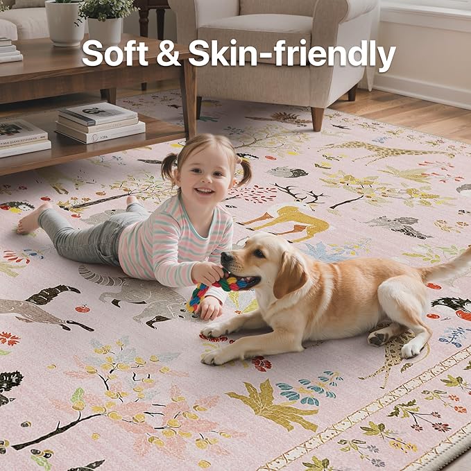 Runner Rug Non Slip 2'6''x 6', Floral Animal Print Rug Machine Washable Rug, Non Slip Low Pile Hallway Runner Girl Carpet for Kitchen, Laundry, Bedroom, Bathroom, Nursery, Pink