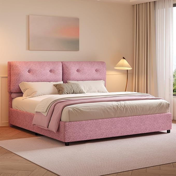Boucle Upholstered Bed Frame King Size, Low Platform Bed King, Modern Soft Style, Adjustable Headboard, No Box Spring Needed, Easy Assembly, Pink