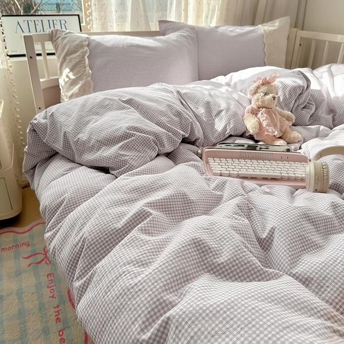 LifeTB Purple Gingham Duvet Cover Twin XL Cozy Washed Microfiber Purple Checkered Plaid Duvet Cover with 2 Pillowcases Romantic White Lace Comforter Cover 3 Pieces Gingham Grid Bedding Set