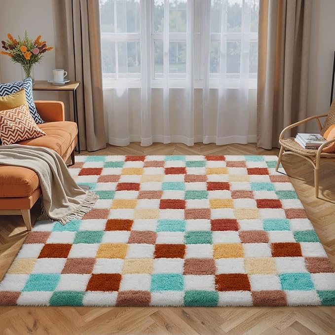 Checkered Rug 5x7 for Living Room, Colorful Modern Shag Rug Super Soft Washable Indoor Fuzzy Carpet Non-Slip Fluffy Rugs for Bedroom Home Aesthetic Decor
