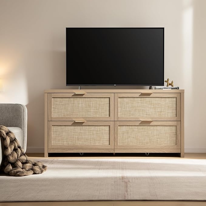 SICOTAS 60.8" Dresser for Bedroom, Rattan Boho Dresser with 4 Deep Drawers, Large Chest of Drawers for Closet,Nursery,Dressers TV Stand for Bedroom (Reclaimed Caramel Oak, 4 Drawers (1 pc))