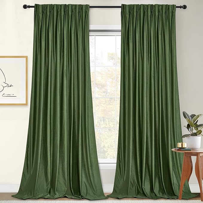 StangH Moss Green Velvet Pinch Pleated Curtains for Sliding Door, Super Soft Thermal Insulated Blackout Drapes 96 inch Luxury Decorative Backdrops for Hotel Hall Party, W52 x L96, 2 Panels