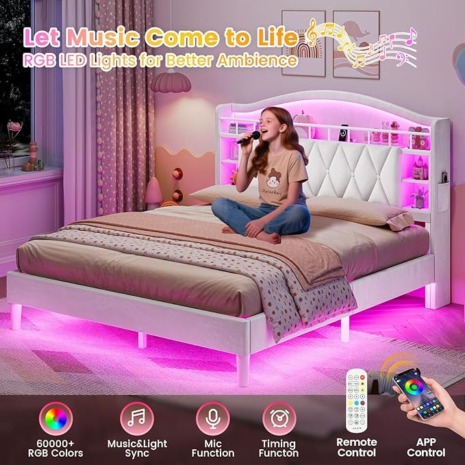 ADORNEVE Full Bed Frame with LED Lights, Princess Velvet Upholstered Platform Bed for Girls, Headboard with Charging Station & Guardrail & Crystal Button, No Box Spring Needed,Beige