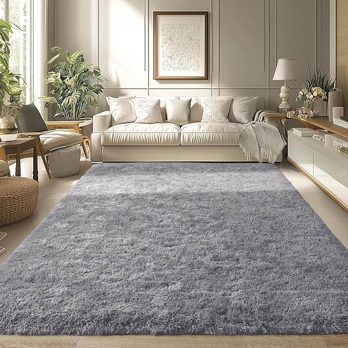 Merelax Modern Soft Fluffy Large Shaggy Rug for Bedroom Livingroom Dorm Kids Room Indoor Home Decorative, Non-Slip Plush Furry Fur Area Rugs Comfy Nursery Accent Floor Carpet 4'x6' Grey