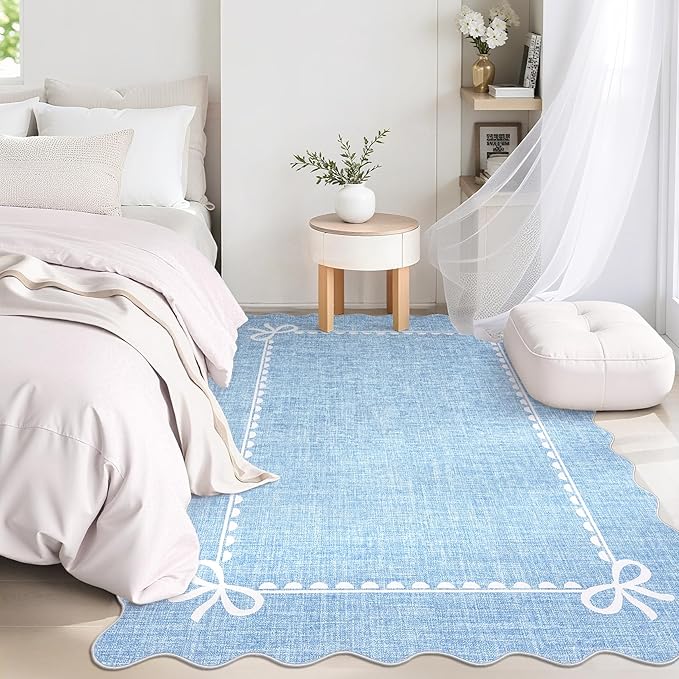 GarveeHome Scalloped Bow Rug for Living Room, Solid Blue Rug for Dorm, Washable Rugs 3x5 Soft Low Pile Non Slip Scalloped Rugs for Nursery Bedroom Decor Hallway Kids Room Playroom