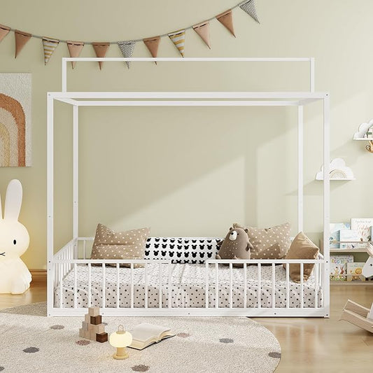 Merax Twin Size 3-in-1 Convertible Montessori Floor Bed, Metal House Bed Framefor Kids, Montessori Floor Beds with Fence,Playhouse for Kids,White